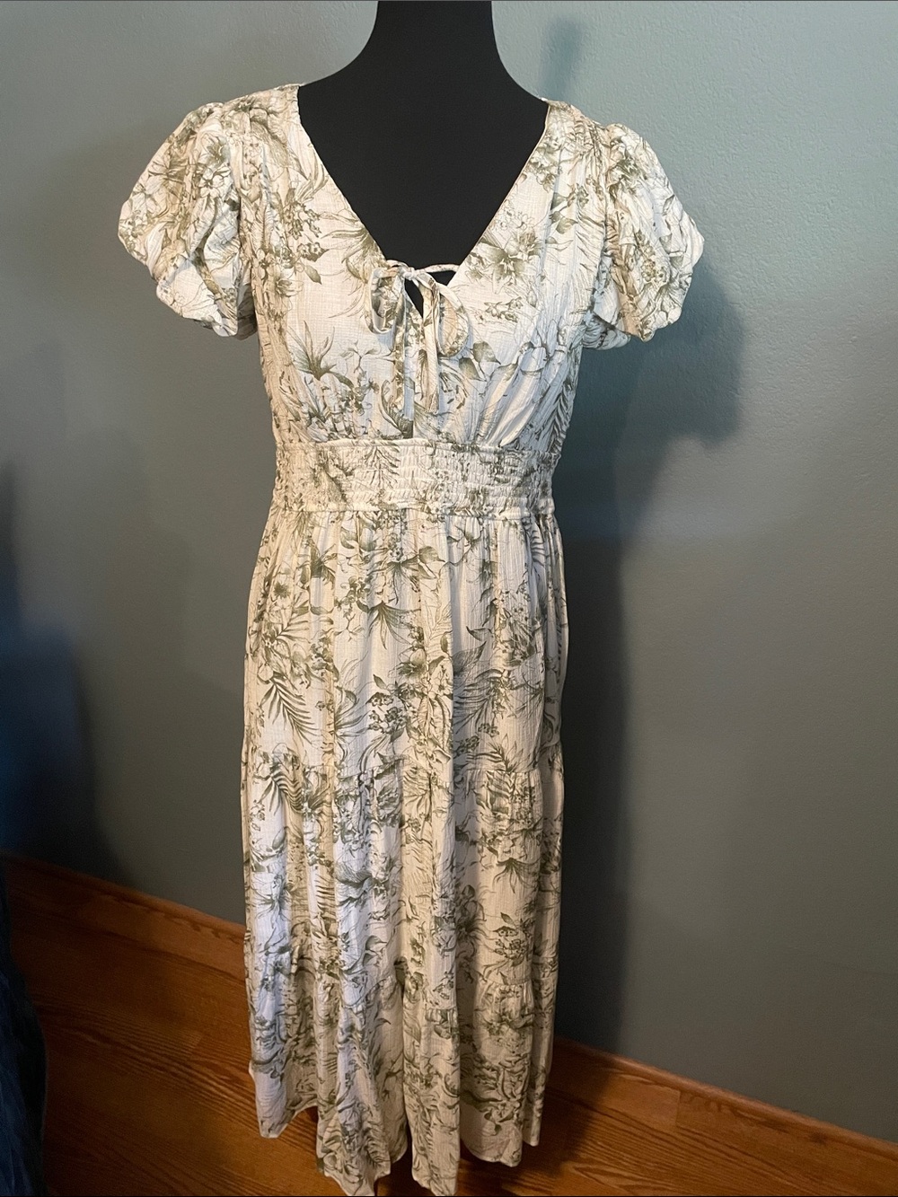 Ivory Floral Tie-Front Midi Dress in Sage